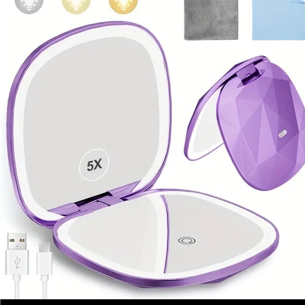 Portable LED Compact Mirror 5X Magnifying Travel Makeup Mirror Rechargeable